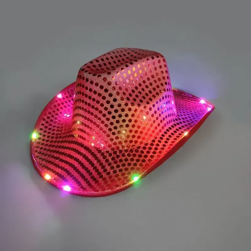 Space Cowgirl LED Hat Flashing Light Up Sequin Cowboy Hats Luminous Caps Halloween Costume