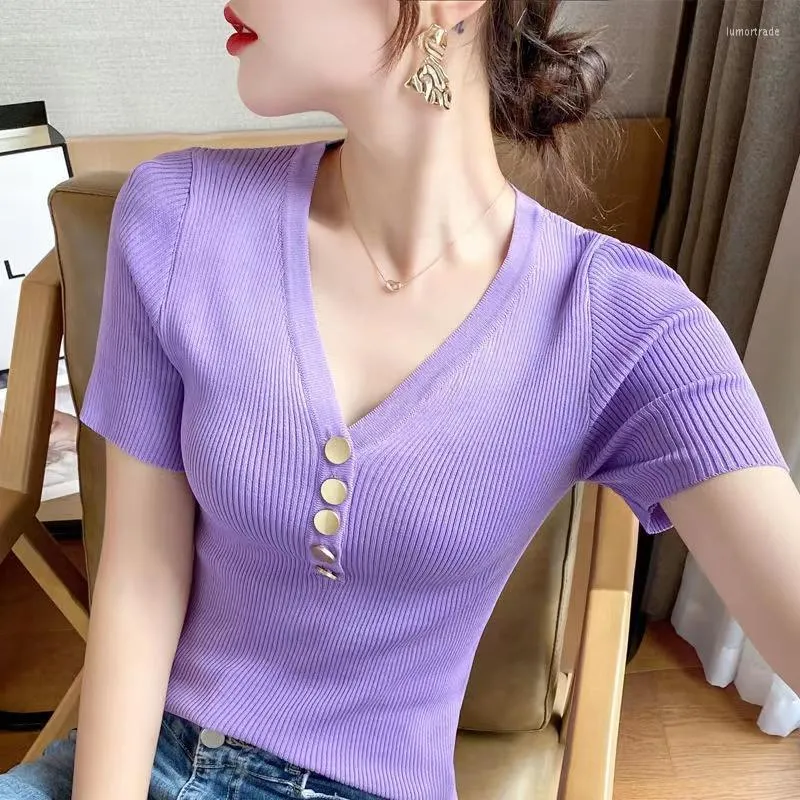 Women's T Shirts Korean version Summer V-Neck Ice Silk kortärmad t-shirt Hög midja Slim Short All-Match Top Thin Women's Sticked