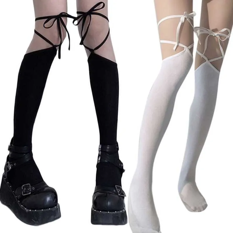 Seidenstrümpfe, sexy Spitze, japanischer Stil, Damen-Lolita-Oberschenkelstrümpfe, Harajuku, Gothic, Criss-Cross-Schnür-Verband, Student-Overknee-Strümpfe