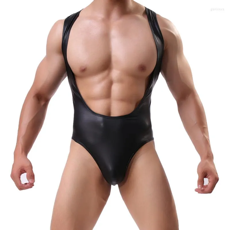 Maillots de corps Sexy hommes simili cuir body boxeurs combinaisons maillots de lutte Lingerie Stretch serré Gay Jockstrap