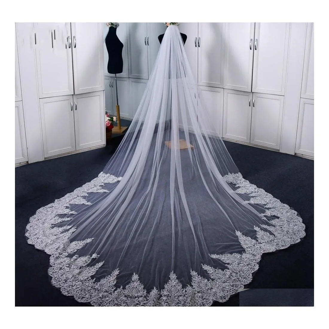 VEILOS BRIDAIS LUZULO LONGO LACE APLICADO VEIL DE HAPELA DE ONE CAMADA MOLO TLE Retro com pente 4 metros de noiva Accessores para o casamento dhuq0