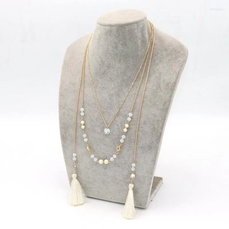 Naszyjniki wiszące 2023 Kryształowa biżuteria Białe kamień naturalny beżowe koraliki wielowarstwowe naszyjnik podwójny frędzel