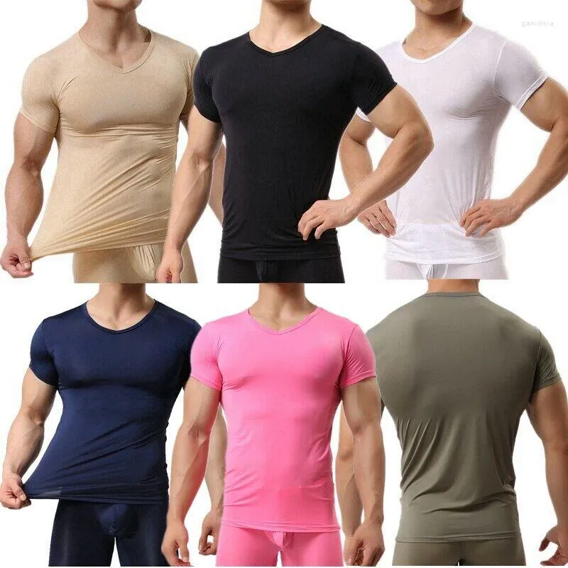 Sous-chemises YUFEIDA Sexy hommes glace soie col rond chemises transparentes hommes à manches courtes basique T-shirts hauts Slim Fitness sous-vêtements Homewear