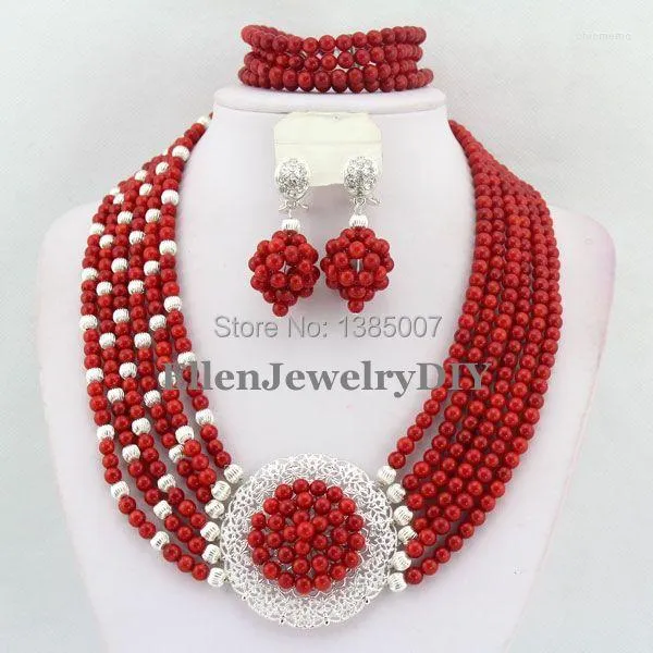 Brincos de colar Jóias de jóias de coral africanas vermelhas Casamento nigeriano TL1650