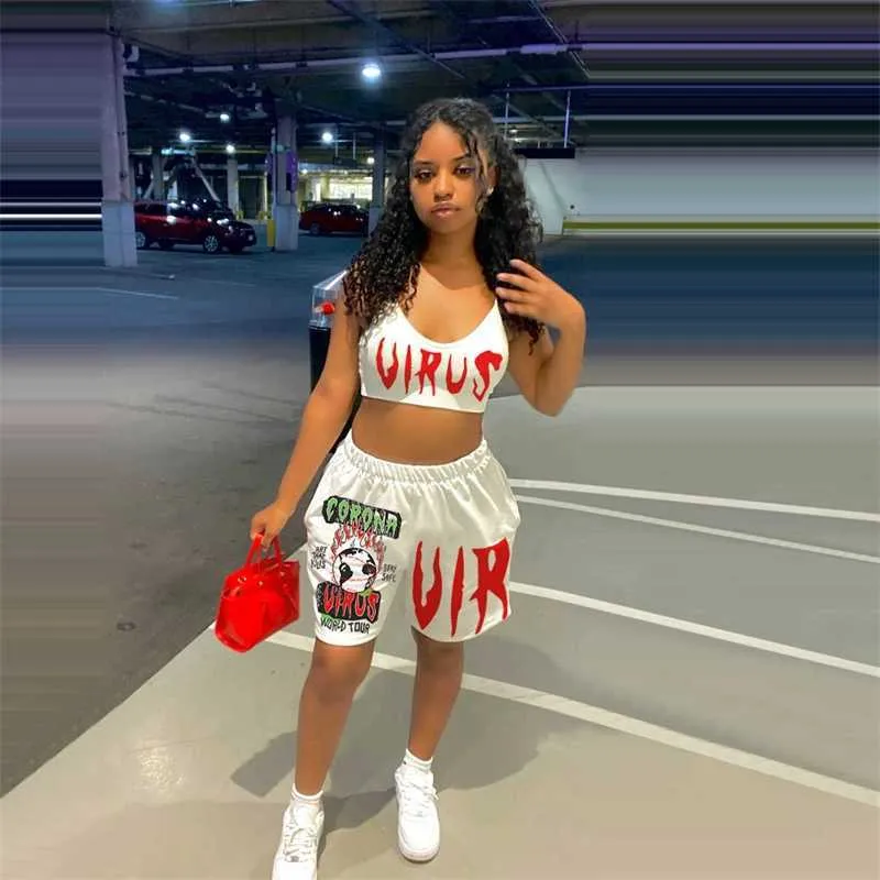 2023 Two Piece Short Set Women Fashion Brand Graffiti Print Tank Top Casual Sports Shorts Women Clothes Basketball Set Tracksuits