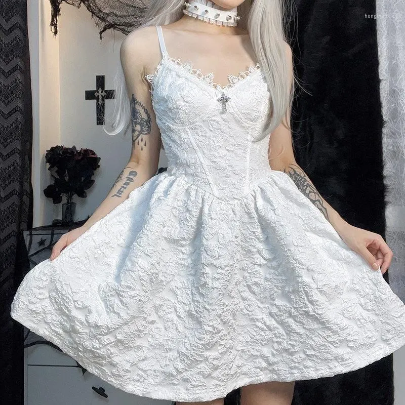 Casual Dresses E-Girl Gothic Dark Academia Grunge Mini Vintage Texture Lace Trim A-Line Dress Sexy V Neck Clothes Y2k Retro Emo Alt