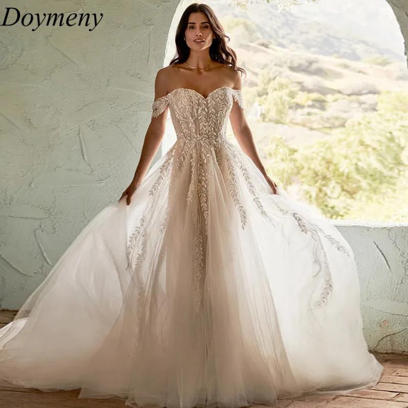 Party Dresses Doymeny Bridal Wedding Dress Sweetheart Sweep Train Off The Shoulder Tulle Applique -knapp Utsökt blommig tryck Robe de Marie 230306