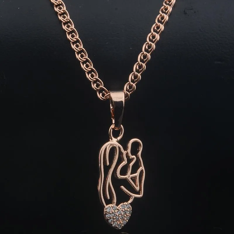 Pendant Necklaces Women Mens 585 Rose Gold Color Mother Baby With Crystal Heart Jewelry NecklacePendant