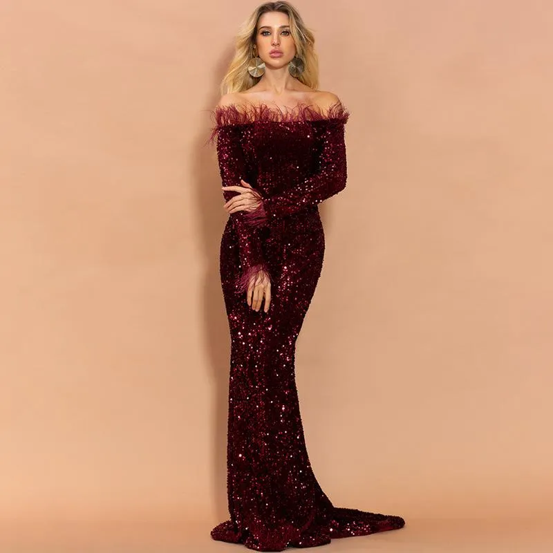 Casual Dresses Stretchy Shiny Sequined Velet Party Dress Long Sleeve Floor Length Lining Bodycon Burgundy Green Black Feather Patchwork