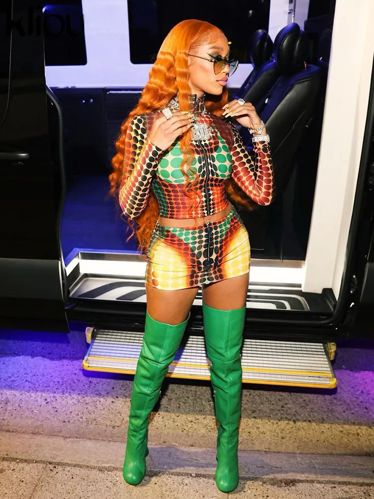 Kliou Stunning Print Two Piece Dress Urbanic Set For Women Full Sleeve, Deep V Neck, Zip Up