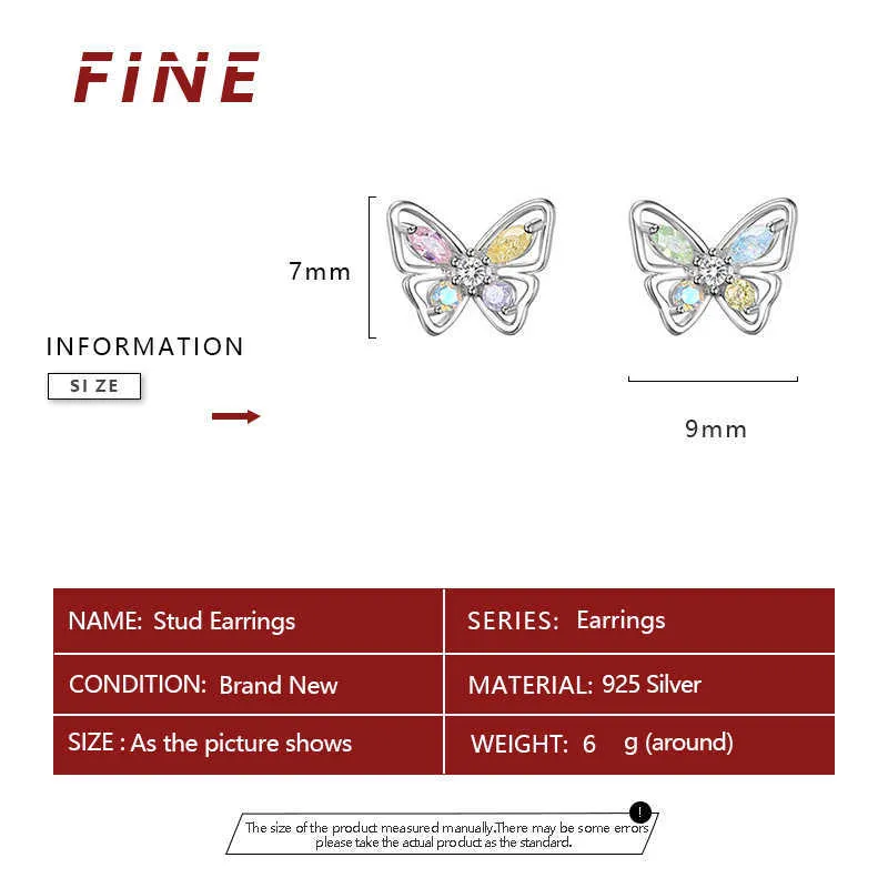 チャームファッションラグジュアリーシルバーカラーS925女性用クリスタルイヤリングレトロホローバタフライカラフルなスタッドイヤリングパーティーフェムジュエリーG230307