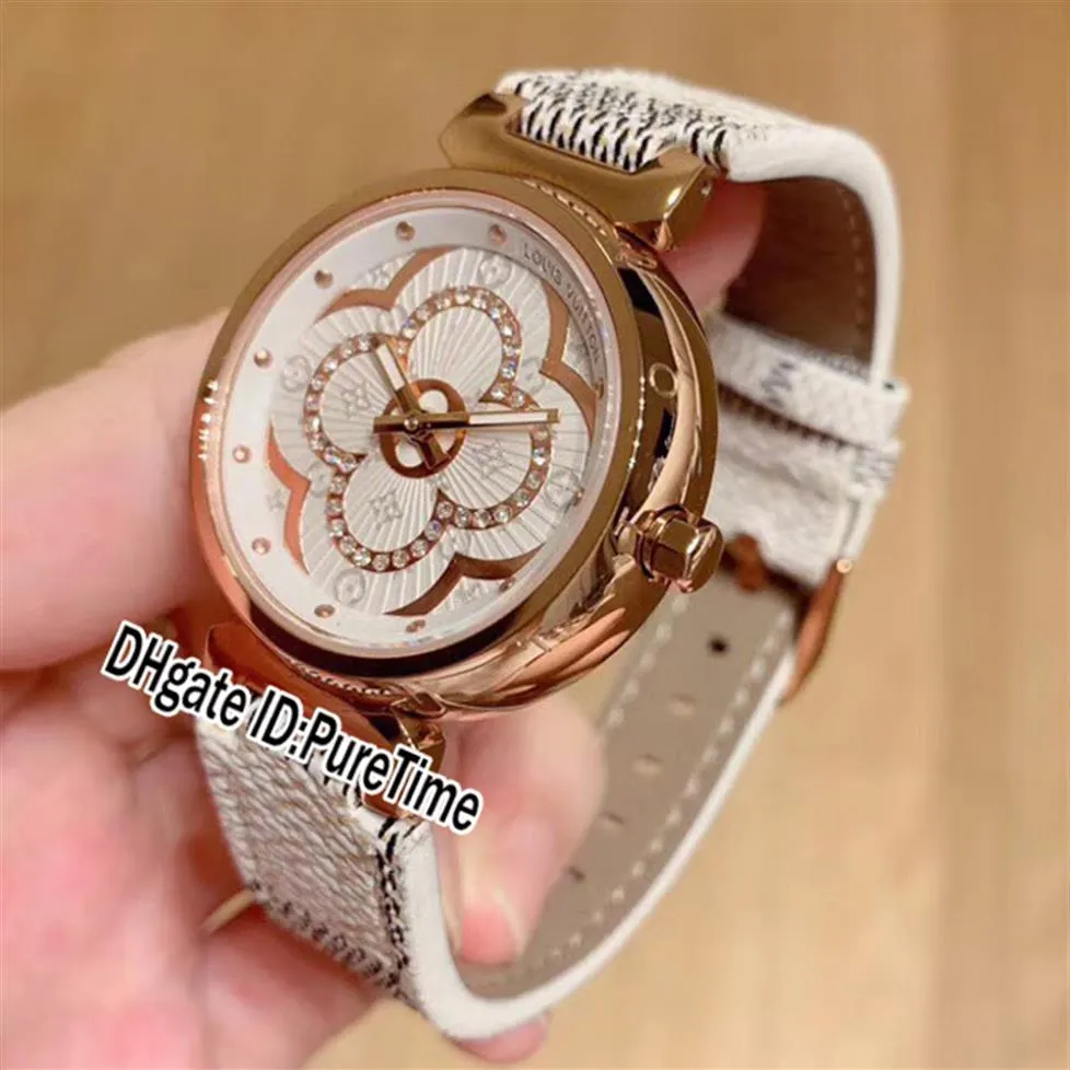 Nuovo orologio da donna al quarzo svizzero Fiore in oro rosa con cinturino in pelle con quadrante in diamanti Orologi da donna Fashion Lady Puretime L01a1273K