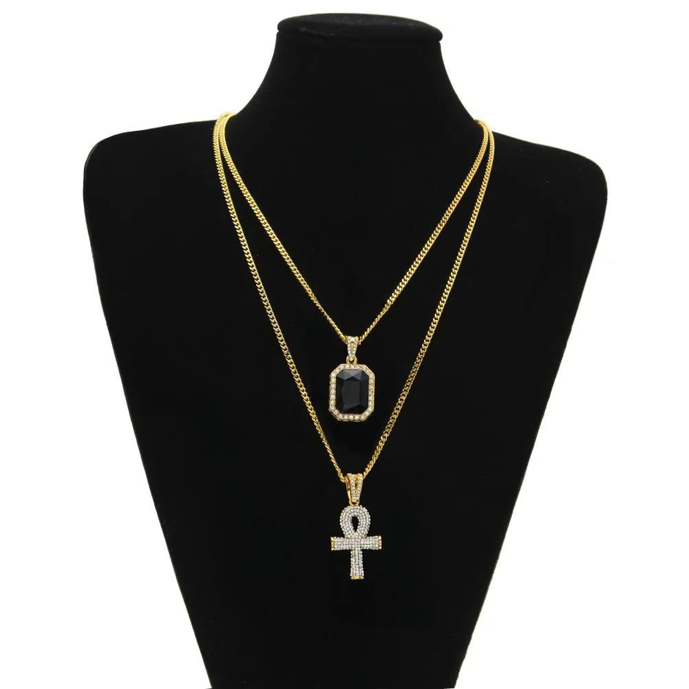 Pendant Necklaces Mens Egyptian Ankh Key Of Life Necklace Set Bling Iced Out Cross Mini Gemstone Gold Sier Chain For Women Hip Hop J Dhadx