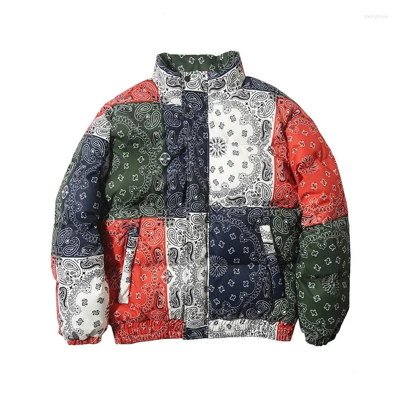 Men's Down Harajuku Color Block Cashew Print Winter JackeMen And Women Thick Windbreaker Parkas Streetwear Oversize Casual Jackets