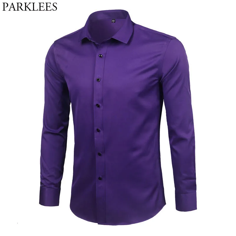 Koszulki męskie purpurowe męskie bambusowe sukienki z włókna koszuli szczupła dopasowana Chemise Homme non Iron Care Formal Shirt dla mężczyzn 230307