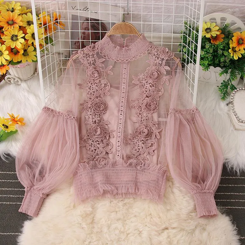 Women's Blouses Two Pieces Set Shirt Tank Spring Women Sweet Floral Lace Blouse Hollow Out Mesh Female Lantern Sleeve Short Tops