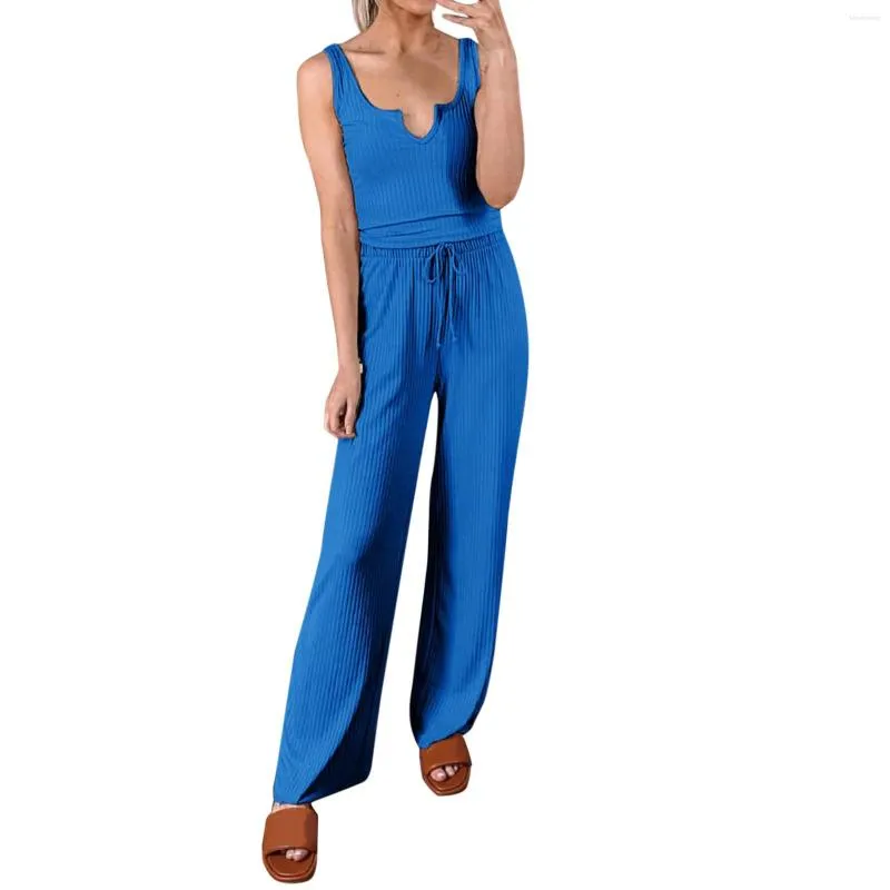 Kvinnors tvådelar Pants 2023 Summer Fashion Casual Two-Piece Pant Set Plain Ribbed Sleeveless Low Cut Short Tank Tops Tie-up Wide Ben