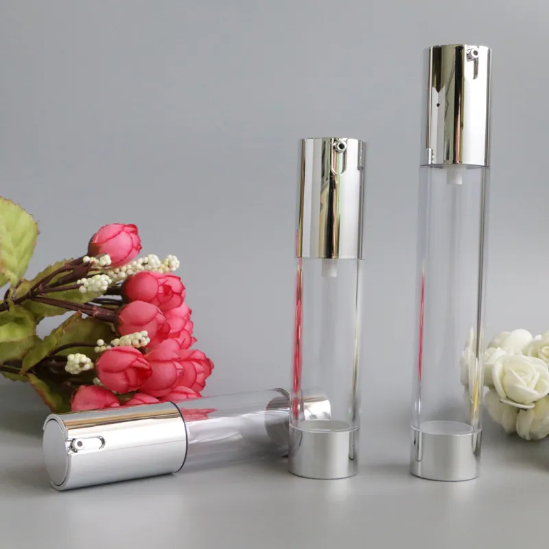 15ml 30ml packing bottles Airless Pump Bottles Packaging Silver Transparent Travel Vacuum Cosmetic Containers 100pcs/lot