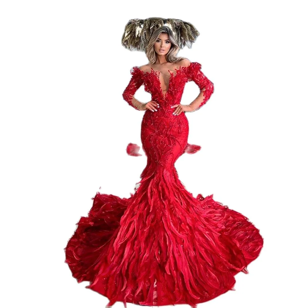 Red Luxury Mermaid Evening Dresses Long Sleeves Deep V Neck Beaded