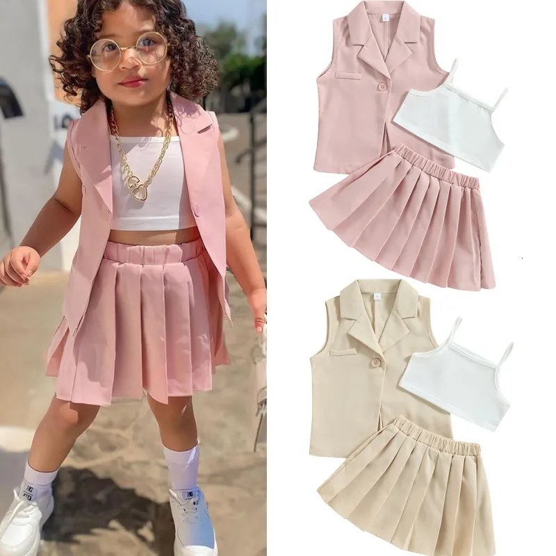 Clothing Sets FOCUSNORM 3 7Y Fashion Little Girl Summer Clothes 3pcs Solid Camisole Elastic Pleated Skirt Sleeveless Jacket Set 230307