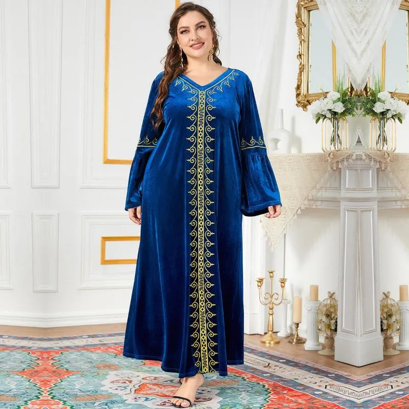 Ethnic Clothing Women Velvet Dress Spring Autumn Embroidery Long Muslim Ramadan Eid Al-Adha Ankle-Length Caftan Marocain