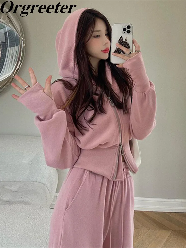 Women s Two Piece Pants Casual Pink Hooded Sweatshirts Tracksuit Women Coat Double Zip Up Crop Top Drawstring Waist Sweatpant Harem 2 Sets 230307