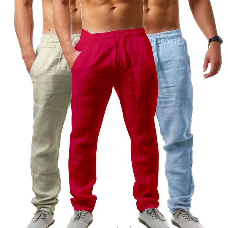 Mens Pants Straight Loose Cotton Linen Breathable Solid Color Trousers Sports Streetwear Wear 230307