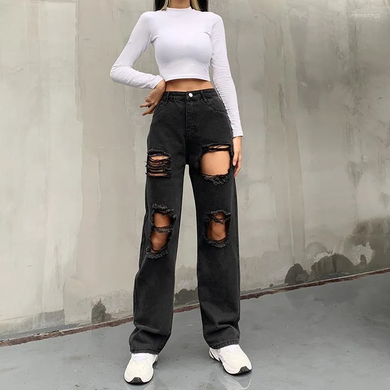 Kvinnors jeans svarta y2k modehål hög midja femme pantalon 90 -tal vintage streetwear lösa koreanska byxor joggar kvinnor denim byxor