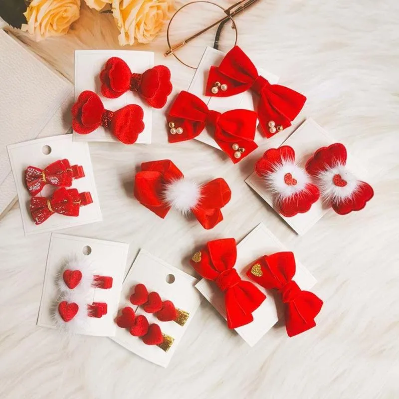 Hair Accessories 1 Pairs Year Red Bow Hairpins Clips Headwear For Children Bowknot Styling Love Heart Rope