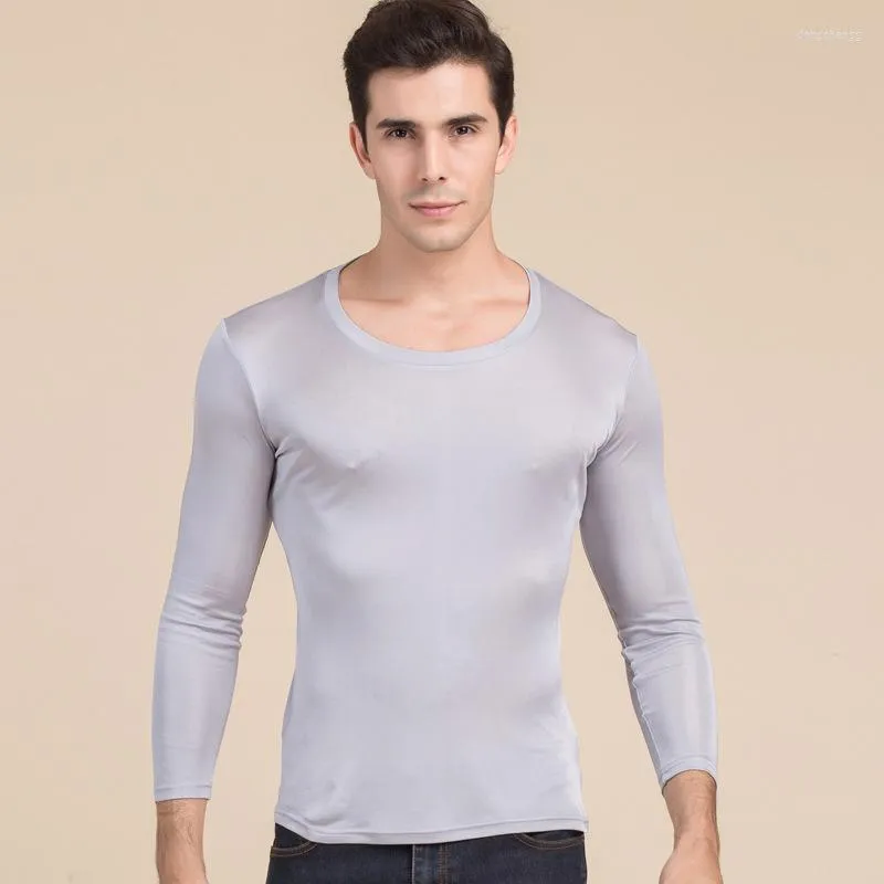 Мужские рубашки Tpess Spring Men Men Men Men Silk Crewneck Футболка с длинными рукава