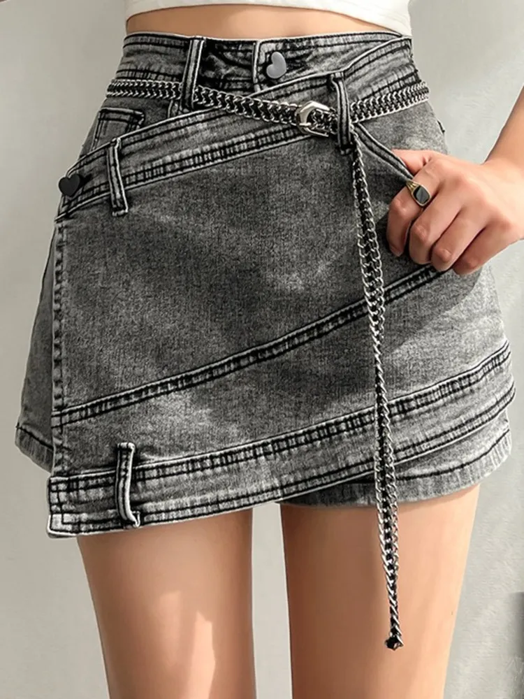 Skirts DEAT Fashion Women S Denim Skirt High Waist Irregular Chain