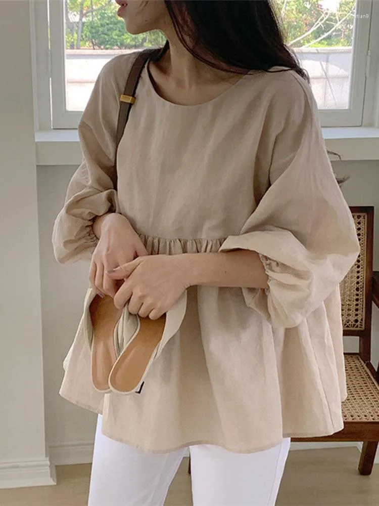 Women's Blouses Cotton Linen Top Lantern Sleeve Blouse Women's Summer Thin Design Niche Loose Round Neck Female Clothing G190