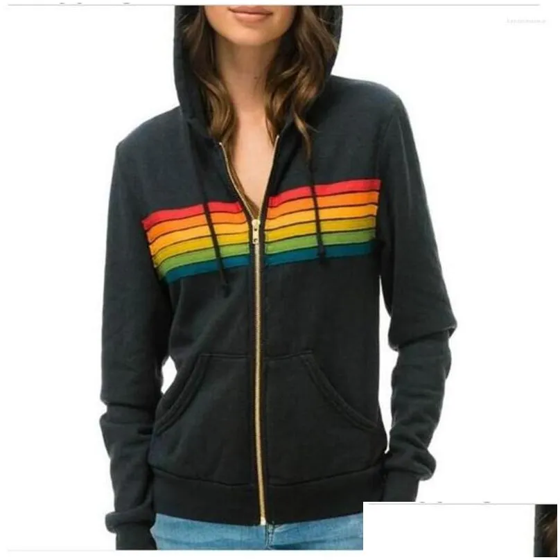 zipup jacket women rainbow stripe splicing hoodies long sleeve casual slim hooded sweatshirts autumn fashion europeusa style