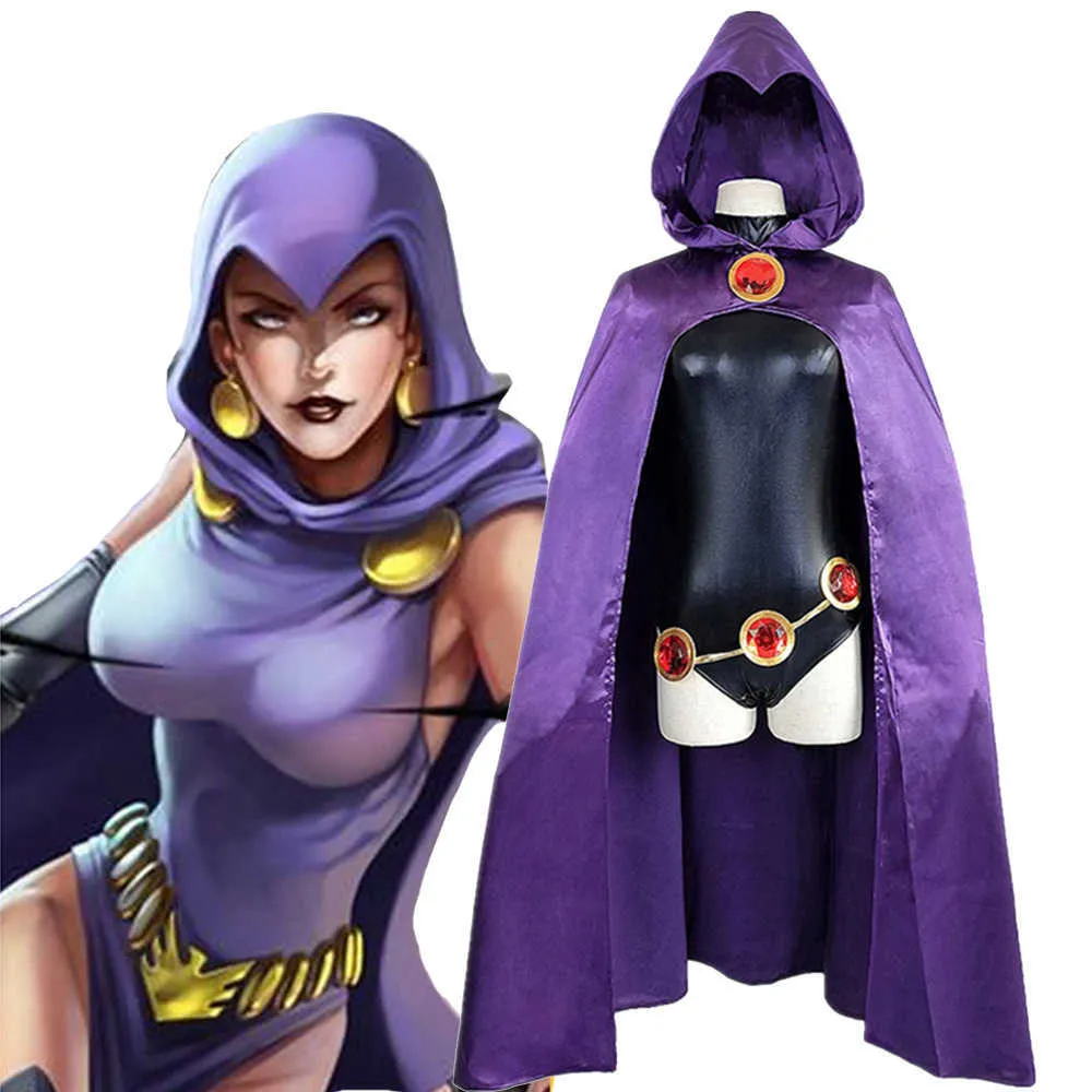 Anime Costumes Teen Titans Super Hero Raven Cosplay Come Women Black Bodysuit Purple Hooded Cloak Jumpsuits Halloween Party Come Z0301