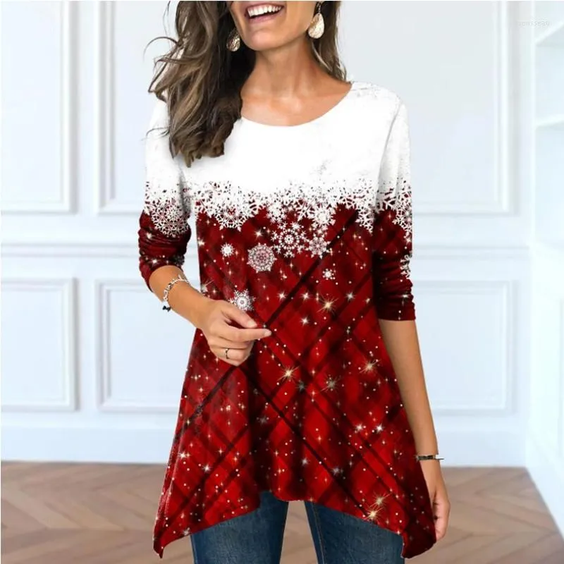 Blusas femininas de Natal Blusa da blusa da estampa xadrez de flocos de neve feminino Crew pescoço solto tops irregulares Pullover Spring outono de manga longa camisetas de escritório