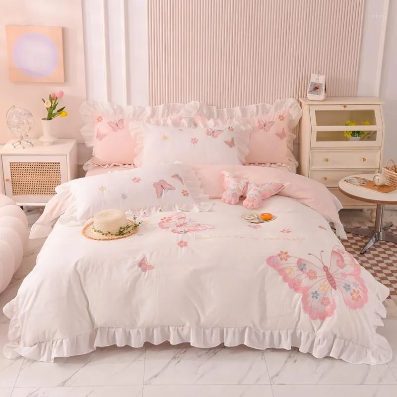 Bedding Sets Ruffles Butterfly Embroiderd Princess Bed Skirt Set 4pcs Washed Cotton Solid Color Duvet Cover Flat Sheet Pillowcases