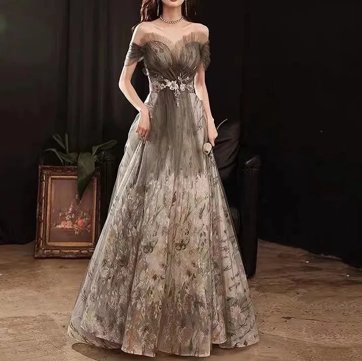 Gray Evening Dresses Strapless Lace Appliques Floral Print Off Shoulder Beaded Backless Elegant Party Prom Homecoming Gowns 2023