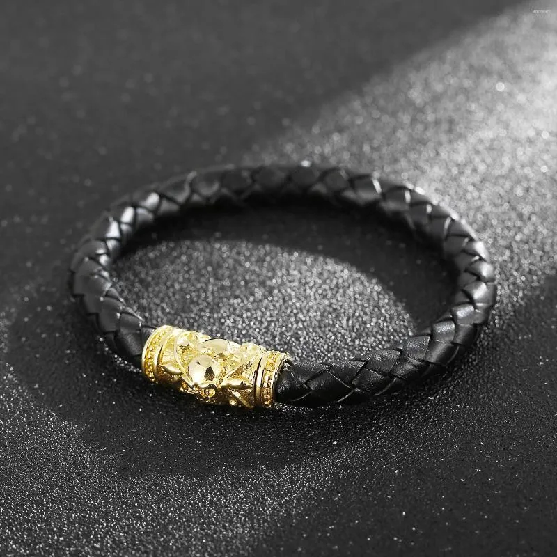 Charm Bracelets HaoYi Men's Leather Braided Bracelet Golden Stainless Steel Skull Accessories Punk Simple Jewelry