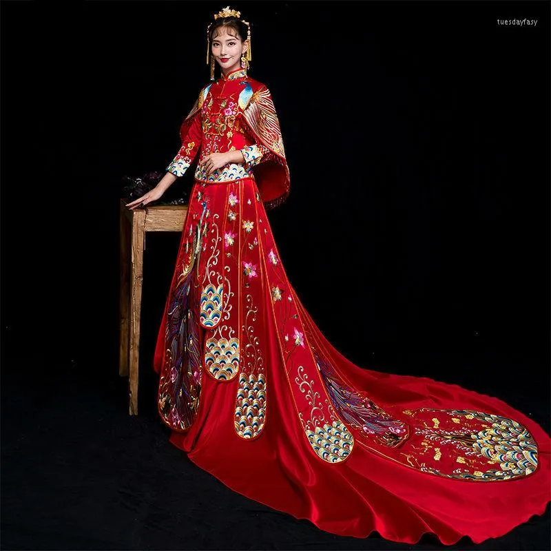 Ethnic Clothing Red Traditional Chinese Wedding Gown 2023 Ladies Fashion Cheongsam Long Dress Qipao Vestido Oriental Style Dresses