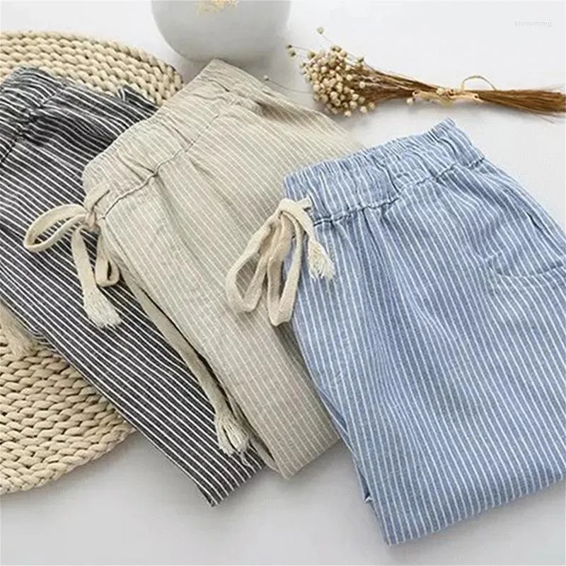 طماق للسيدات Bigsweety Cotton Linen Women Pants Disual Pants 2023 Fashion Long Long Lengest Broutsered Strained Striped Pantalon