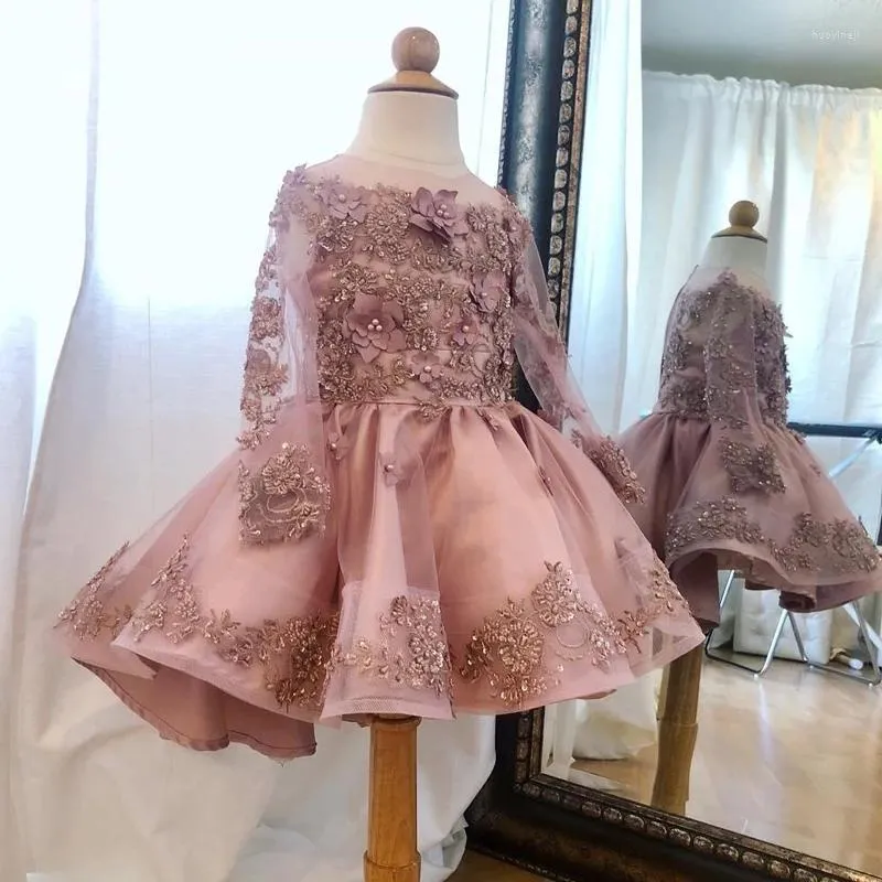 Fille Robes Rose Rose Princesse Fleur Filles 3D Floral Manches Longues Belle Dentelle Communion Robe 2023 Tutu Jupe De Noël