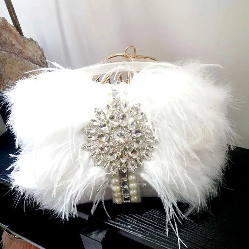 Evening Bags Luxury Real Ostrich Feathers Handbag Evening Bags Women's Pouch Purse Luxury Diamond Women Bags Evening Party Clutch Bag 230307
