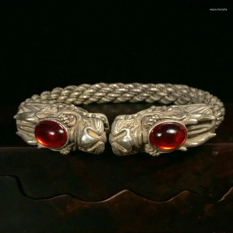 Pulseira colecionável chinês ruby ​​tibete prateado manual Auspicious dragão pulseira