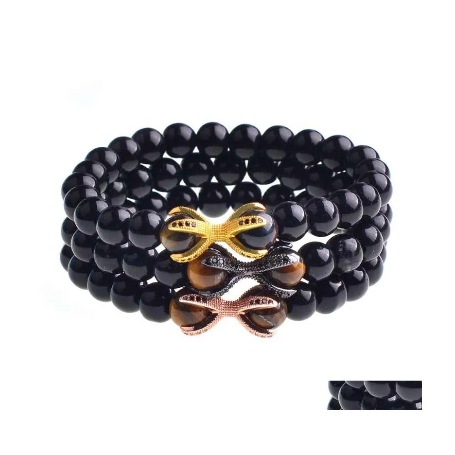 Brins de perles Bracelet en agate noire Micro incrusté de zircon en alliage octogonal Hommes et femmes Personnalité Drop Delivery Bijoux Bracelets Dhebw