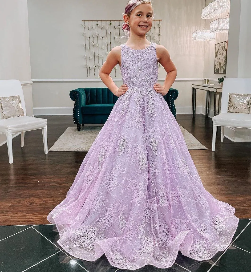 New Lilac Lace Flower Girls Dresses For Wedding Appliqued Toddler Pageant Gowns Long A Line First Communion Dress