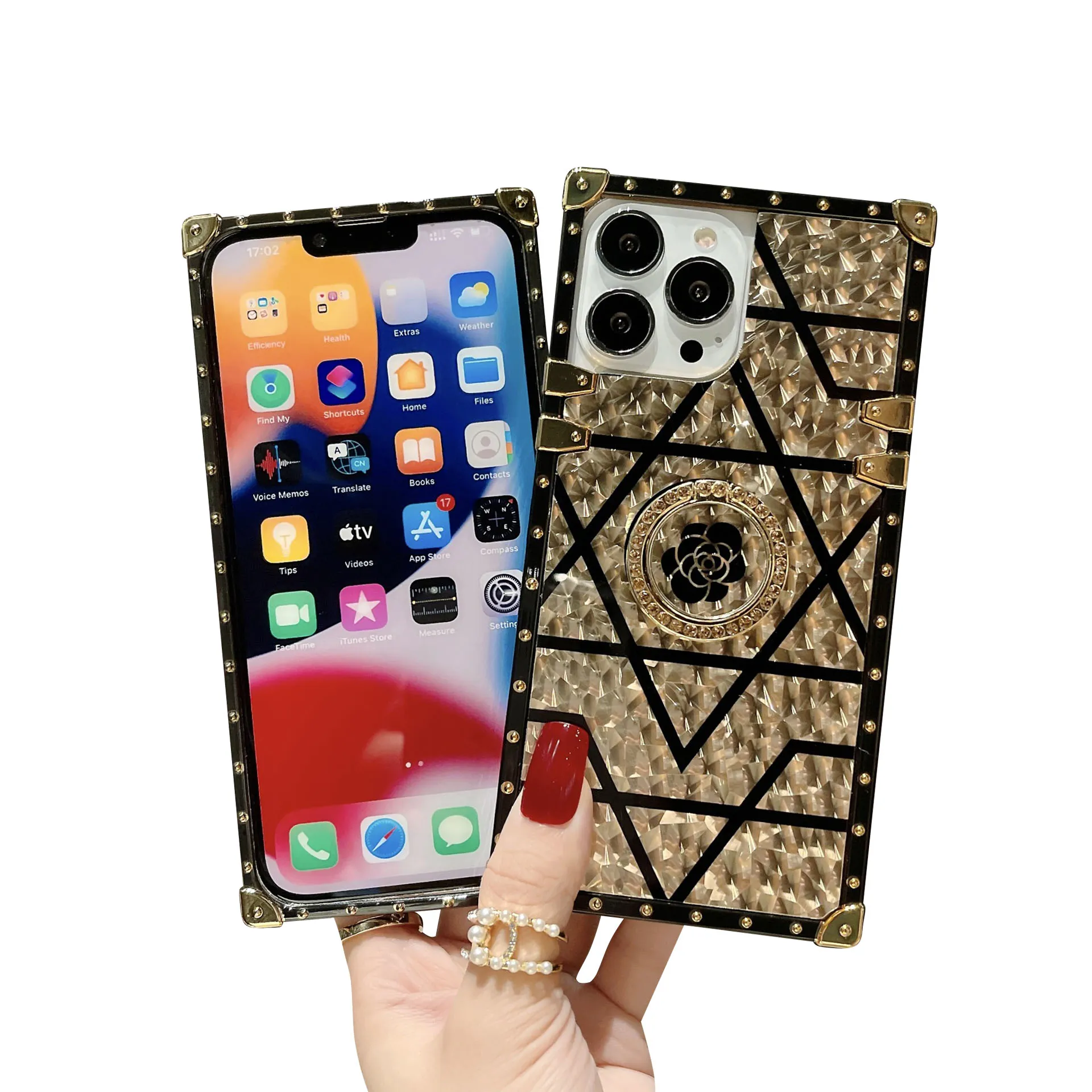 Bloem mobiele telefoon hoesjes ringhouder voor IPhone15 14 13 12 plus PRO MAX Tide merk mobiele telefoon beschermhoes luxe schokbestendige achterkant pantser metallic slot