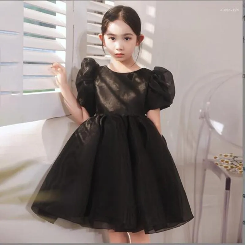 Robes de fille noir luxe fleur à manches courtes col rond robe pour enfants robe de fête formelle bébé