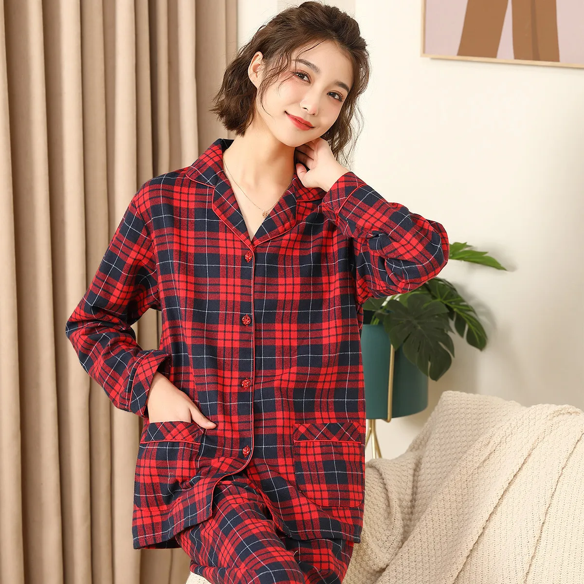 Women's Sleepwear est 100% Cotton Lovers Pajamas Sets Women Men Spring Long Sleeve Casual Soft Sleepwear Plaid Design Homewear Loungewear 230307