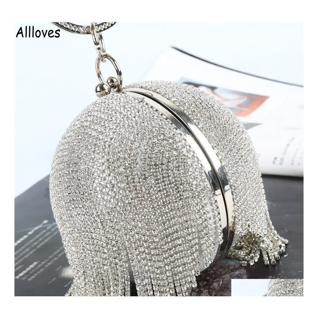 Bolsos Monederos Astilla Diamantes Rhinestone Bola redonda Noche para mujeres Cristales brillantes Moda Mini borlas Bolso de mano Señoras Ri Dhxvz