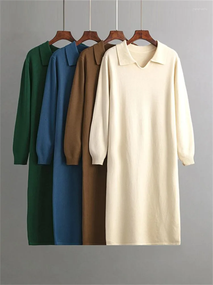 Robes décontractées femmes robe tricotée automne hiver droite longue ample coréen POLO mi-longueur bureau dames pull femme